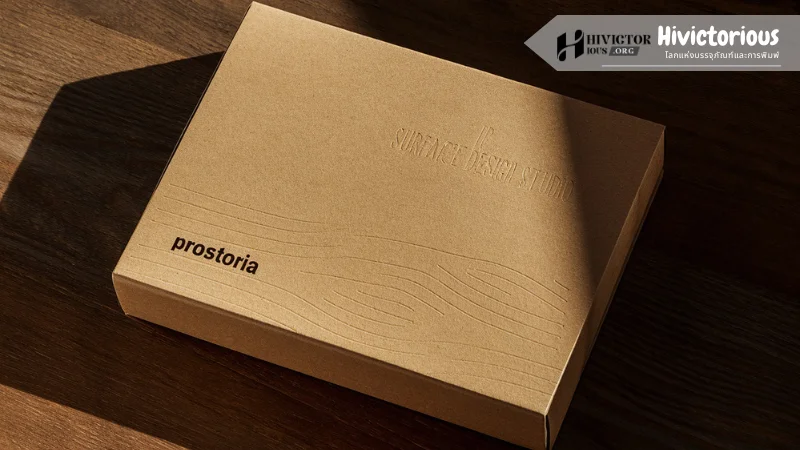 กล่องกระดาษคราฟท์ทรงสี่เหลี่ยมที่มีโลโก้ "prostoria" และลายเส้นที่เรียบง่ายบนพื้นผิว สะท้อนถึงความเรียบง่ายและความหรูหราในแบบธรรมชาติ