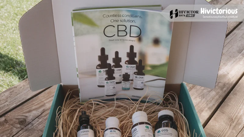 กล่องบรรจุภัณฑ์ที่เปิดอยู่ภายในมีผลิตภัณฑ์ CBD หลากหลายชนิดวางบนวัสดุกันกระแทกอย่างดี พร้อมแผ่นโบรชัวร์ที่แสดงผลิตภัณฑ์และข้อความ "Countless conditions. One solution. CBD" สื่อถึงการใช้บรรจุภัณฑ์ที่ช่วยเพิ่มความน่าสนใจและสร้างประสบการณ์พิเศษในการขายผลิตภัณฑ์ CBD ตามกลยุทธ์การขายของ Carolina CBD Solutions