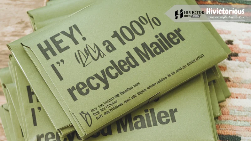 ซองกันกระแทกสีเขียวที่พิมพ์ข้อความว่า "HEY! I'm a 100% recycled Mailer" วางเรียงกันหลายซอง สื่อถึงความเป็นมิตรต่อสิ่งแวดล้อมและการใช้วัสดุรีไซเคิล เหมาะสำหรับธุรกิจที่ใส่ใจเรื่องความยั่งยืน